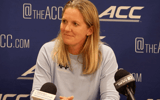North Carolina Women's Basketball head coach Courtney Banghart speaks to the media at ACC Tipoff in Charlotte on Monday.